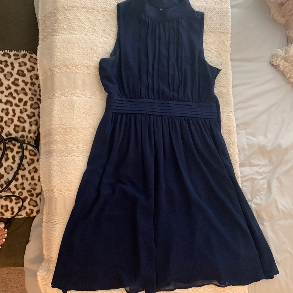 Navy high-neck chiffon dress